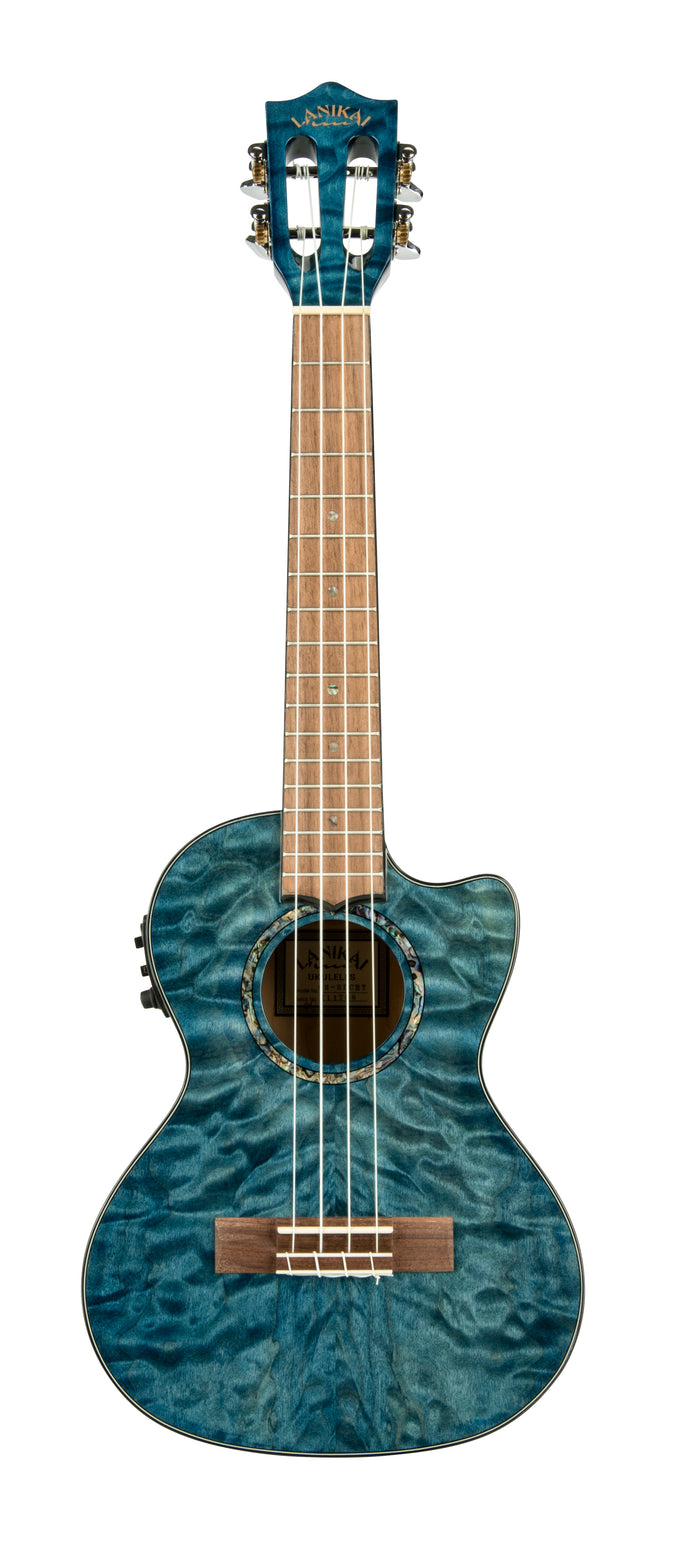 Lanikai Quilted Maple Blue stain Tenor Cutaway with Fishman Kula Preamp A/E Ukulele